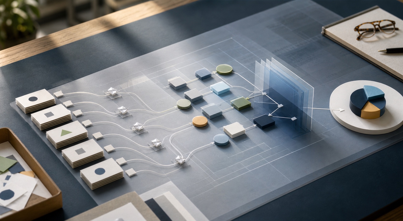 Editorial model of multiple data sources converging through validation layers into a clear decision.