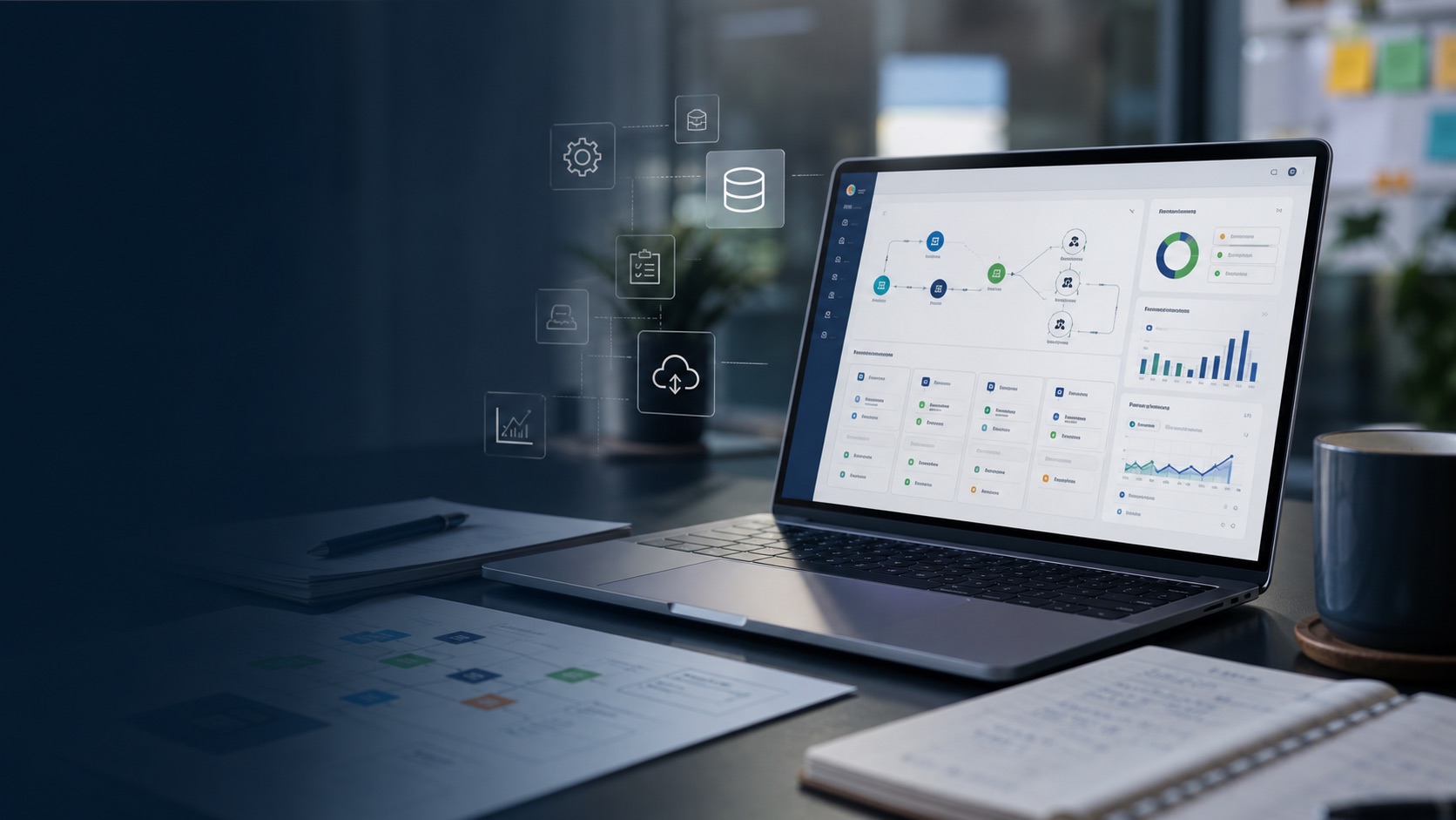 Operations and workflow dashboard scene representing connected systems and visible handoffs.