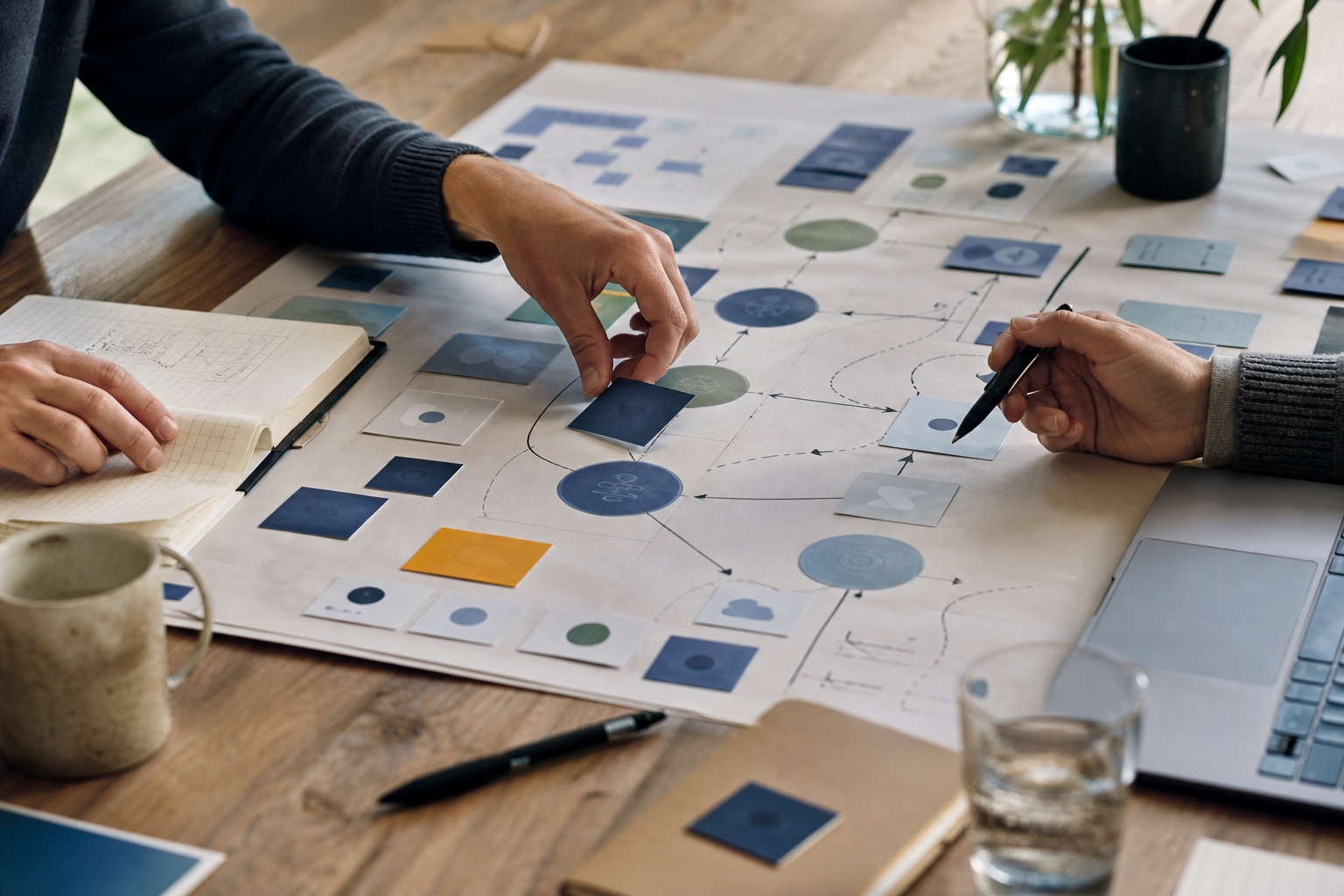Hands arranging connected system cards and process relationships during a working session.